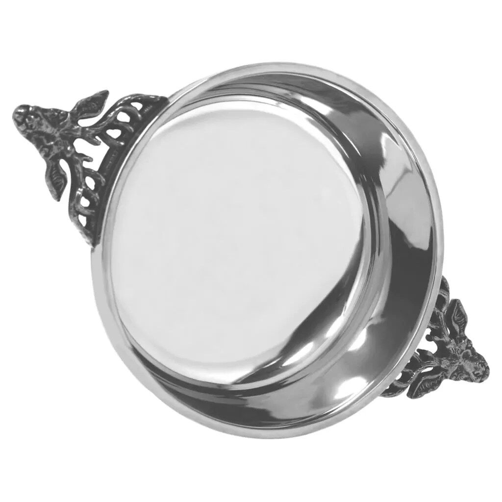 3.5 INCH STAG HANDLE PEWTER QUAICH BOWL