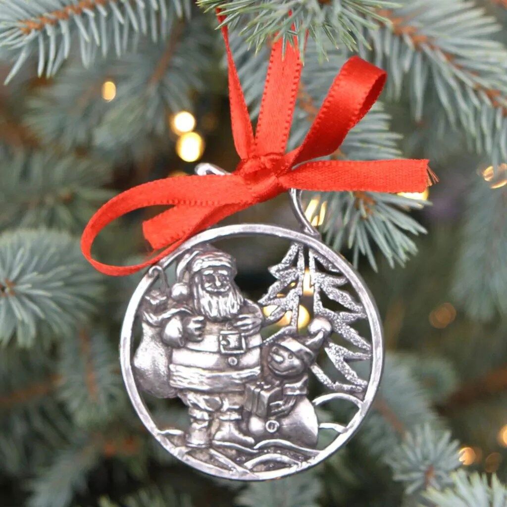 SNOWMAN AND SANTA CHRISTMAS TREE PEWTER ORNAMENT BAUBLE DECORATION