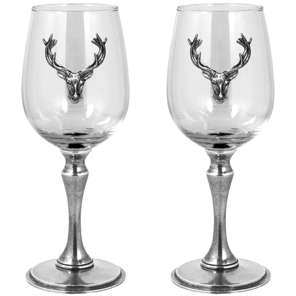 LUXURY PEWTER STAG HEAD WINE GLASSES SET WITH SOLID PEWTER STEM - PAIR